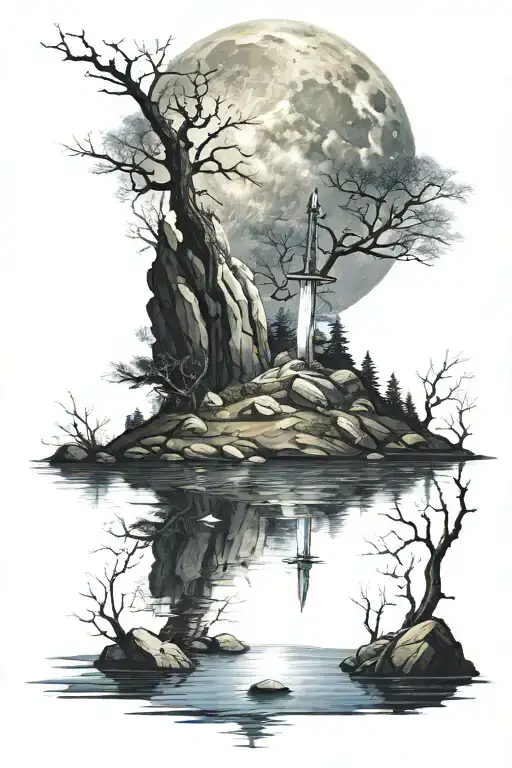 sword in the stone, in a lake at noght with a full moon. tattoo design idea