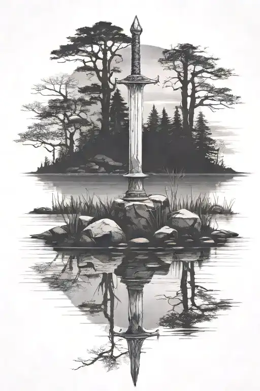excalibur sword in the stone in a lake in a forrest at night during a full mon.  tattoo design idea
