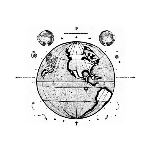 A Pangea-inspired globe with musical instruments as continents tattoo design idea