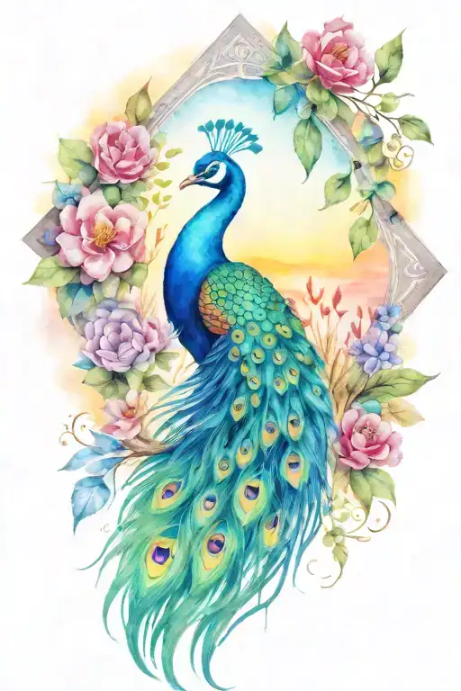 colorful peacock surrounded by nature, sunset scene diamond shape tattoo design idea