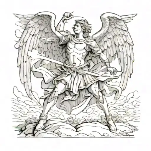 Archangel Michael defeats Satan holds tattoo design idea