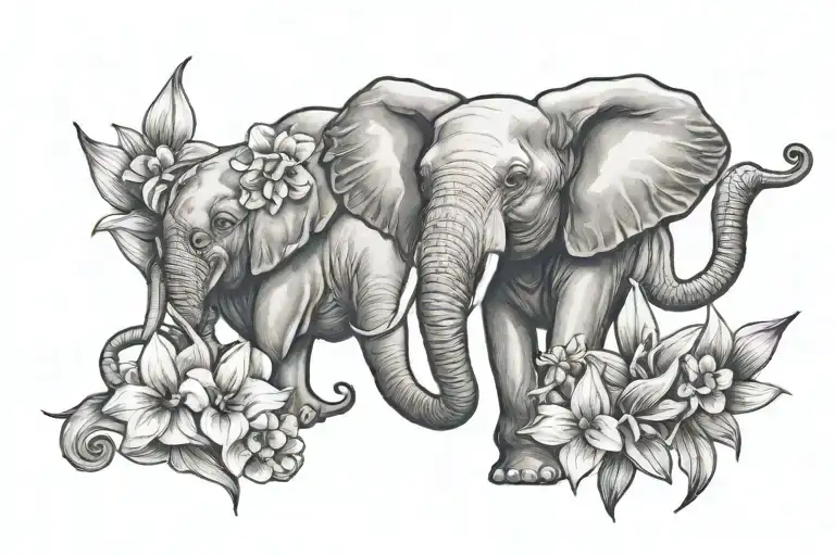 a calf tattoo with an elephant, daffodils, cannon and cookie  tattoo design idea