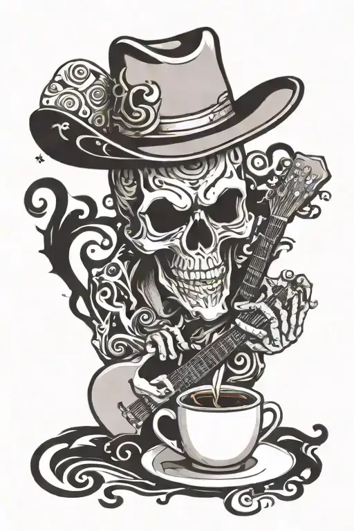 cowboy skull carrying guitar drinking coffee and music note coming out of coffee  tattoo design idea