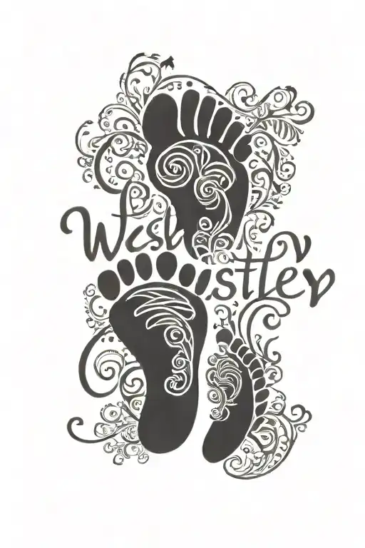The name “Westley” in cursive going verticaly through a baby's footprint  tattoo design idea