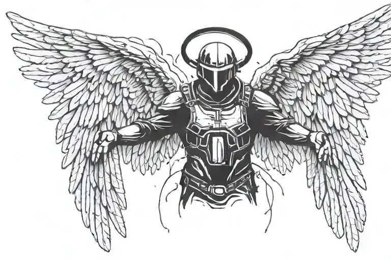 A spécial forces soldier with the face covered looking up with big Angel wings, halo amd aura,with open arms front side  tattoo design idea