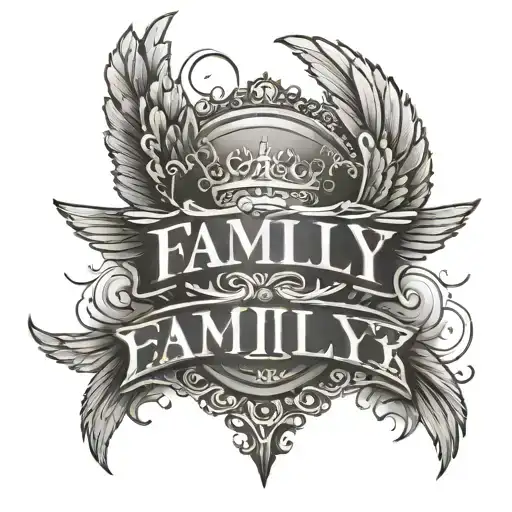 neymar style thigh sleeve tattoo featuring angel wings around the word "family" tattoo design idea