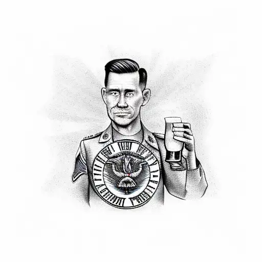 A realistic portrait of a Master Sergeant holding a beer mug with the words 'We the People' in a traditional style banner tattoo design idea