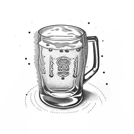 A dotwork tattoo of a beer mug and bourbon bottle clinking together tattoo design idea