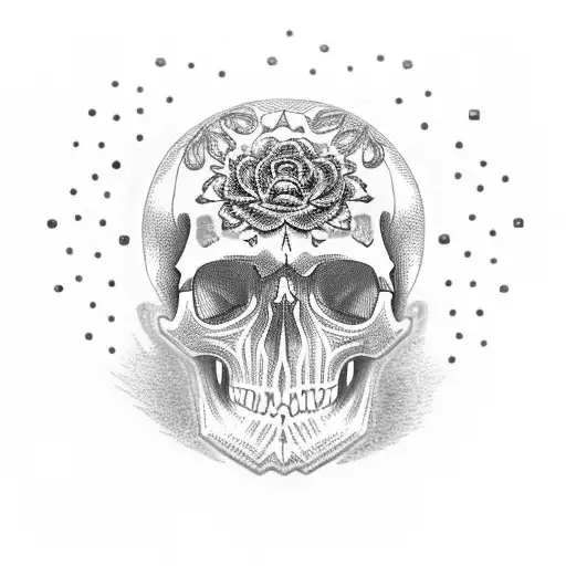 skull with the word heathen covered in neon blue and pink tattoo design idea