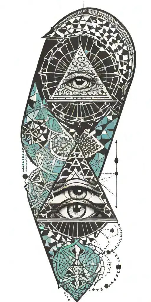 A unique tattoo featuring a combination of geometric patterns and the Illuminati eye, in shades of teal and black tattoo design idea