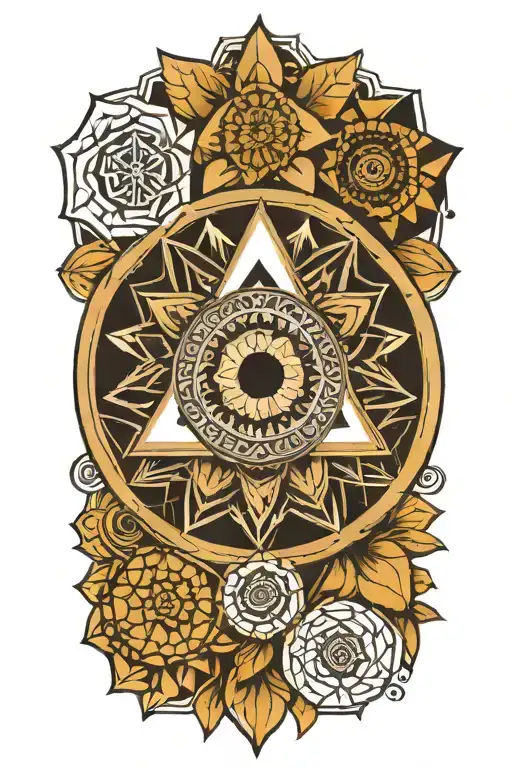 A geometric style tattoo of a mandala with hidden Illuminati symbols incorporated into the design tattoo design idea