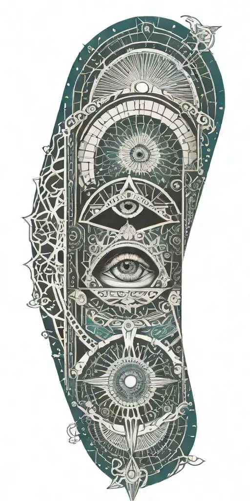 A detailed tattoo of a geometric pattern resembling a vault door, with the all-seeing eye symbol at the center, in teal and black shades tattoo design idea