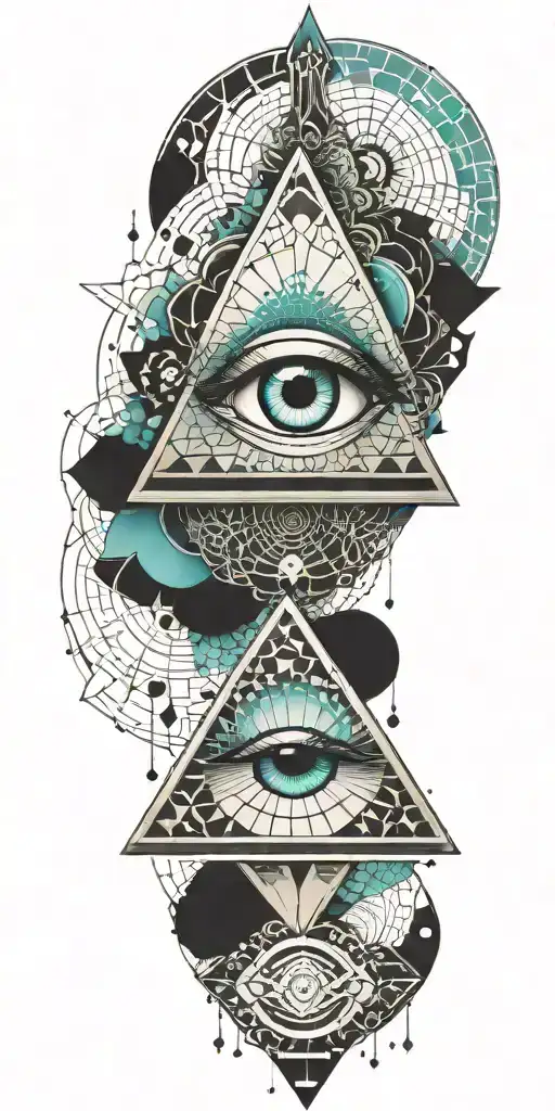 A unique tattoo featuring a combination of geometric patterns and the Illuminati eye, in shades of teal and black tattoo design idea