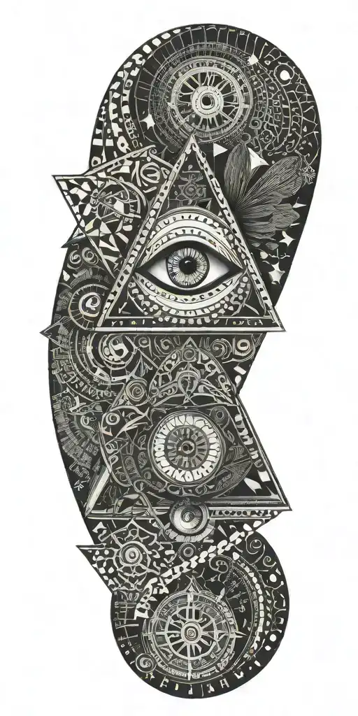 A unique tattoo featuring a combination of geometric patterns and the Illuminati eye, in shades of teal and black tattoo design idea