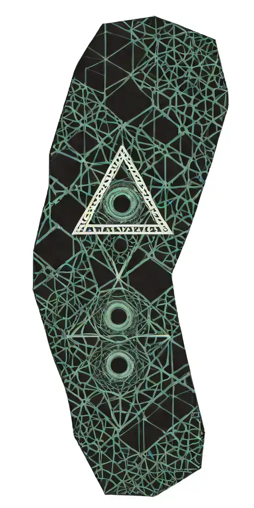 geometric patterns and one Illuminati eye, in shades of teal and black. with hexagon patterns surrounding  tattoo design idea