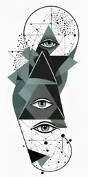 A unique tattoo featuring a combination of geometric patterns and the Illuminati eye, in shades of teal and black tattoo design idea