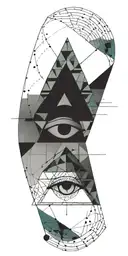A unique tattoo featuring a combination of geometric patterns and the Illuminati eye, in shades of teal and black tattoo design idea