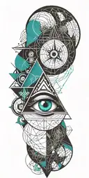 A unique tattoo featuring a combination of geometric patterns and the Illuminati eye 1, in shades of teal and black.  tattoo design idea