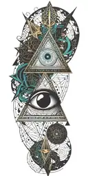 A unique tattoo featuring a combination of geometric patterns and the Illuminati eye 1, in shades of teal and black.  tattoo design idea