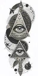 A unique tattoo featuring a combination of geometric patterns and the Illuminati eye, in shades of teal and black tattoo design idea
