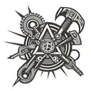 A stylized representation of an electrician's tools in a geometric style, with a hidden Illuminati symbol incorporated into the design tattoo design idea