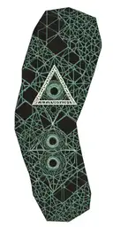 geometric patterns and one Illuminati eye, in shades of teal and black. with hexagon patterns surrounding  tattoo design idea