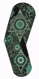 geometric patterns and one Illuminati eye, in shades of teal and black. with hexagon patterns surrounding  tattoo design idea