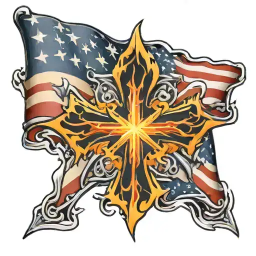 fire, american flag, maltese cross tattoo design idea
