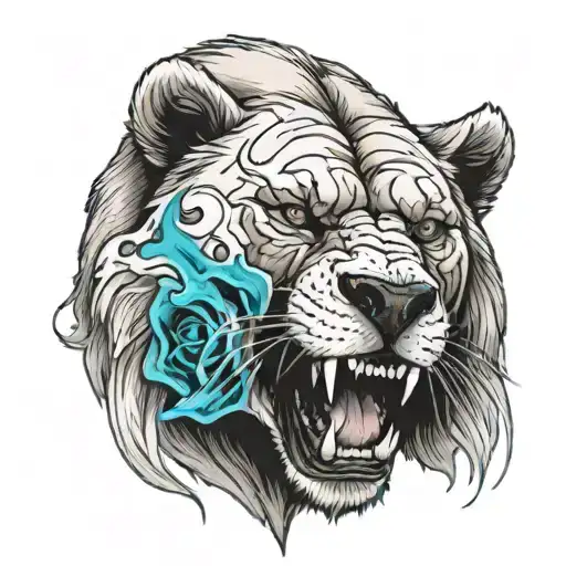 bear biting down in Skull with White lion   tattoo design idea