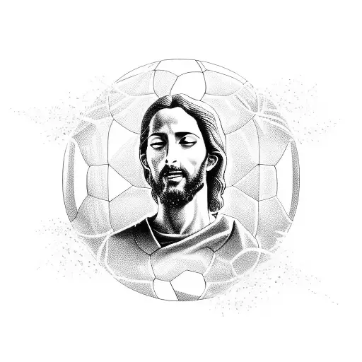 An intricate blackwork design of Jesus turning water into a soccer field tattoo design idea