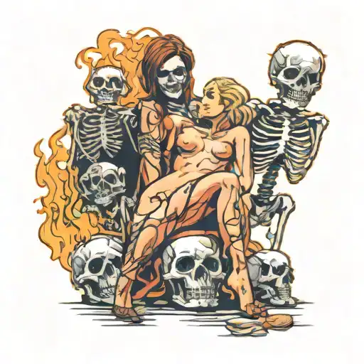 burning nude woman budy getting close with skeletons tattoo design idea