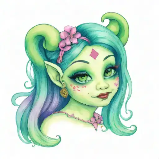 Classic troll doll with green hair and a clover belly button gem tattoo design idea