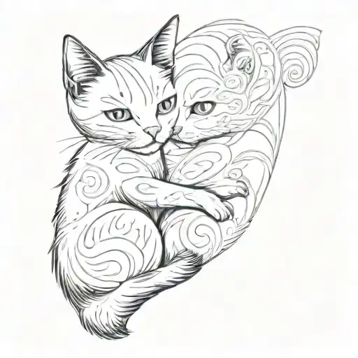 a black and a white cat are hugging each other symbolizing love tattoo design idea