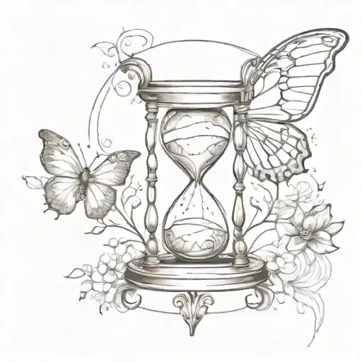 An hourglass with butterfly wings, symbolizing change and transformation, in a sketch style tattoo design idea
