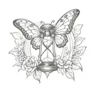 An hourglass with butterfly wings, symbolizing change and transformation, in a sketch style tattoo design idea