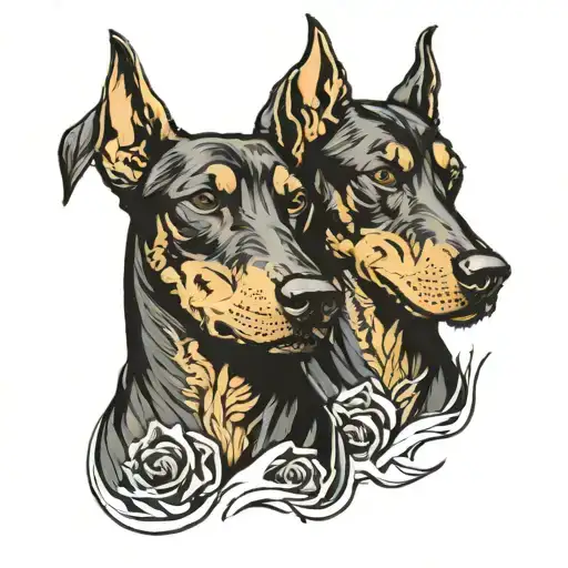angry 3 headed doberman dog barking tattoo design idea