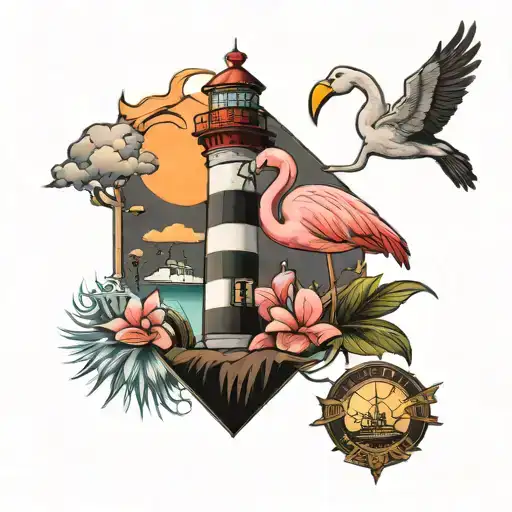 flamingo and lighthouse surrounded tattoo design idea