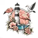 flamingo and lighthouse surrounded tattoo design idea