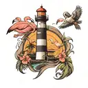 flamingo and lighthouse surrounded tattoo design idea