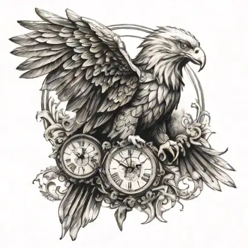 eagle, antique clock, and medieval figures in the same tattoo tattoo design idea