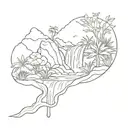 waterfall line drawing in the jungle landscape tattoo design idea