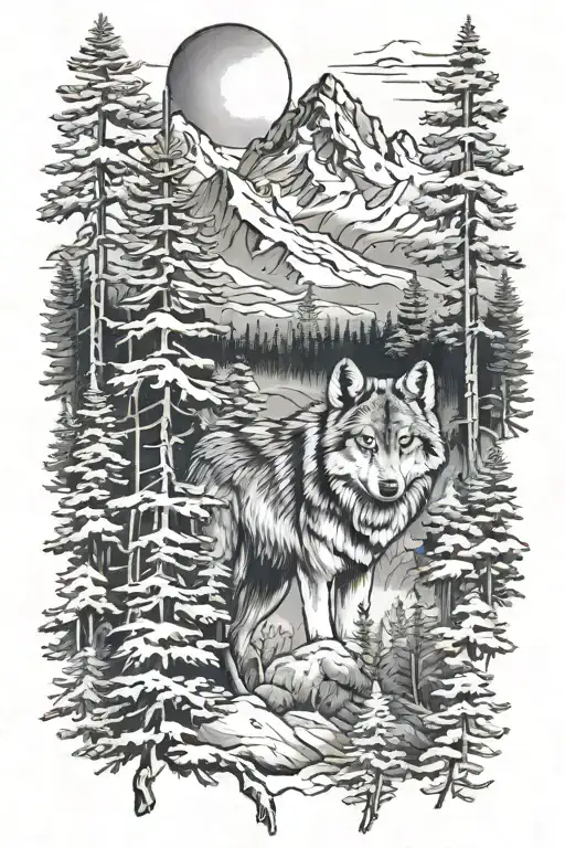 pine trees, mountain, wolf, silver fern, tattoo design idea