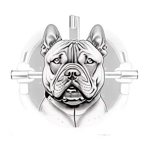 Incorporate gym equipment like dumbbells and barbells into a dynamic weightlifting scene with a fierce American Bully dog cheering you on tattoo design idea