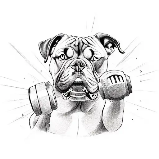 Incorporate gym equipment like dumbbells and barbells into a dynamic weightlifting scene with a fierce American Bully dog cheering you on tattoo design idea