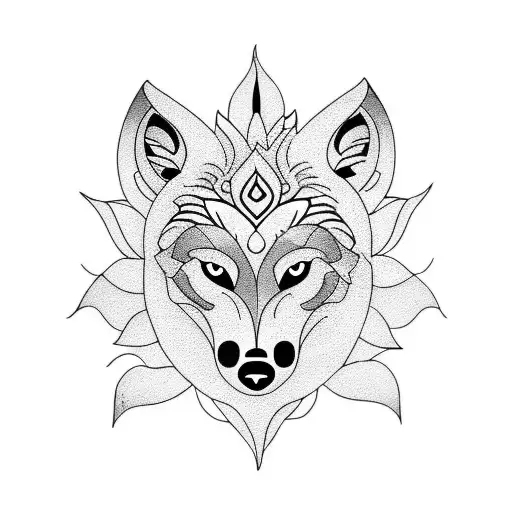 Wolf with water lily, lotus and larkspur tattoo design idea