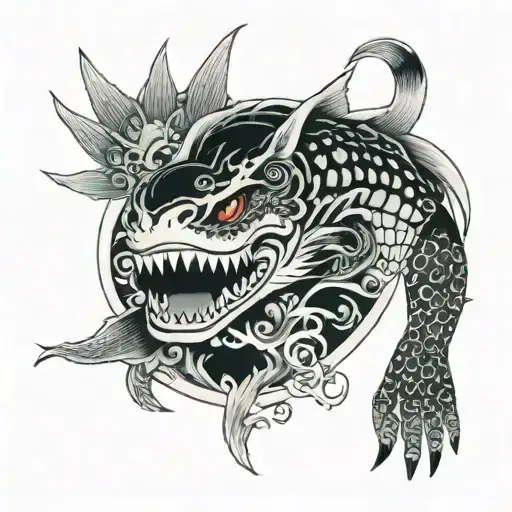 Arm sleeve of Shark, octopus, koi fish lower arm Upper arm, Temple, samurai, tiger and dragon oni mask Filled with black tattoo design idea