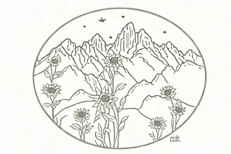 tetons with sunflowers across bottom tattoo design idea