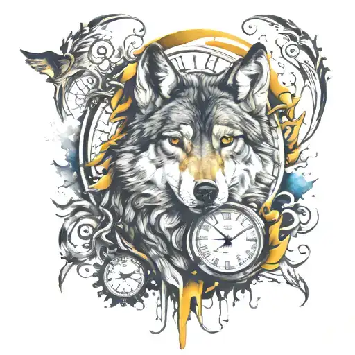 time and wolf tattoo design idea