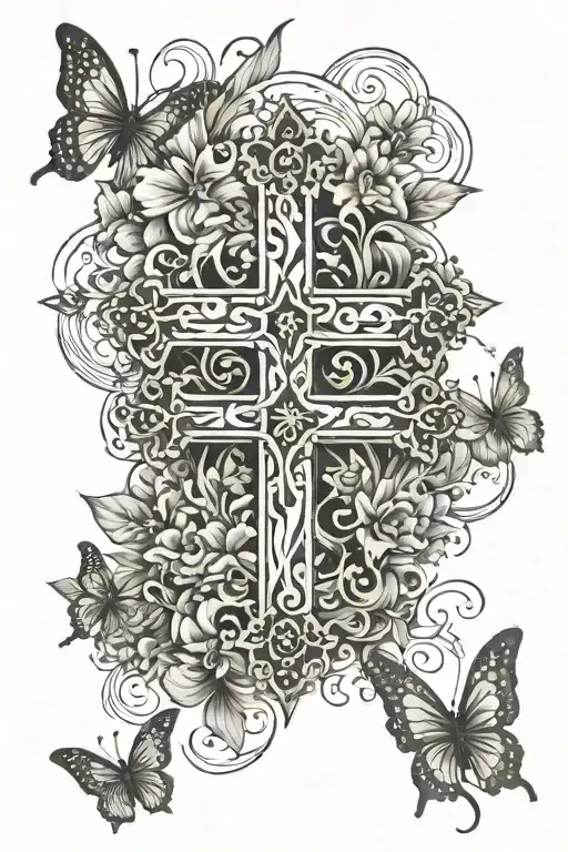 cross with butterflies on the outside and words going vertically and horizontally inside the cross tattoo design idea