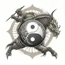 A yin and yang symbol incorporating elements of samurai armor and martial arts poses tattoo design idea